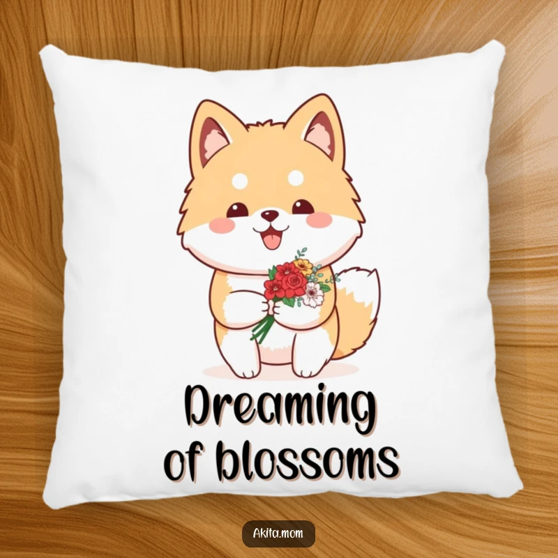 Funny Kawaii Akita pillow showing a proud dog carrying a small bouquet of flowers, perfect for adding a touch of proud sweetness.