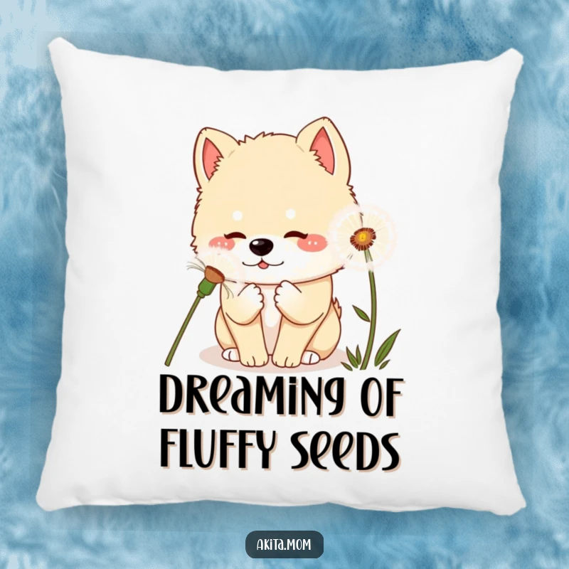 Curious Kawaii Akita Dandelion Pillow: A kawaii Akita dog curiously sniffing a giant dandelion, adding whimsical charm to any space.