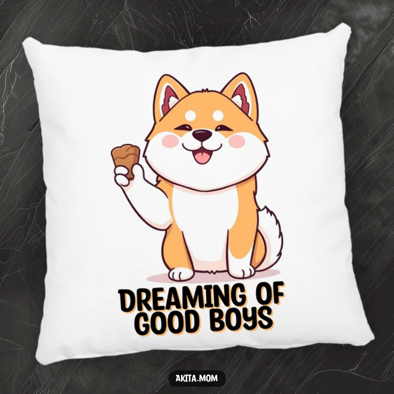 Funny Kawaii Akita pillow, a cute dog holding a treat with a dignified, happy expression, perfect for cozy comfort.