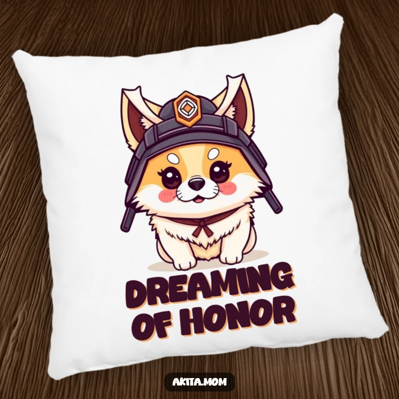 Funny pillow featuring an Akita dog wearing a small samurai helmet, looking stoic yet adorable.