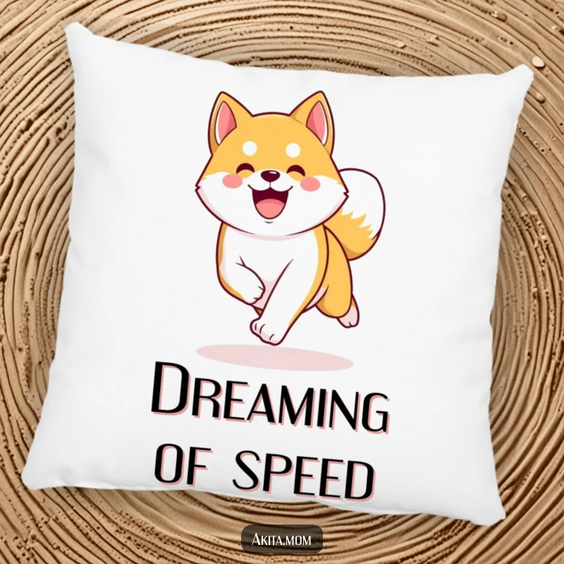 Funny Kawaii Akita pillow, a happy dog trotting energetically with a curved tail, perfect for comfort and fun.