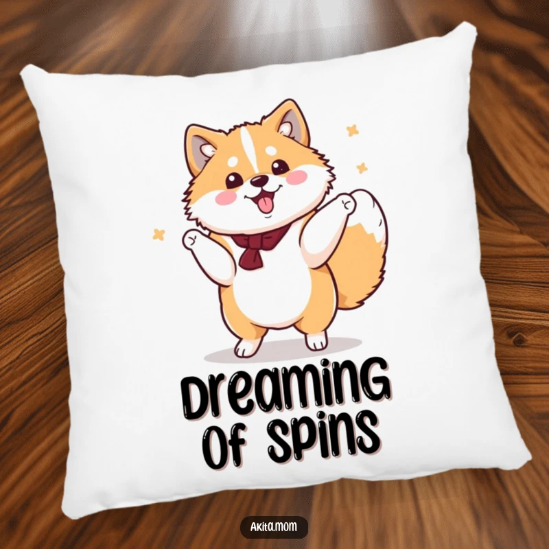 Funny Kawaii Akita Pillow, a cute dog performing a dignified yet cheerful spin, a soft and humorous dog accent.
