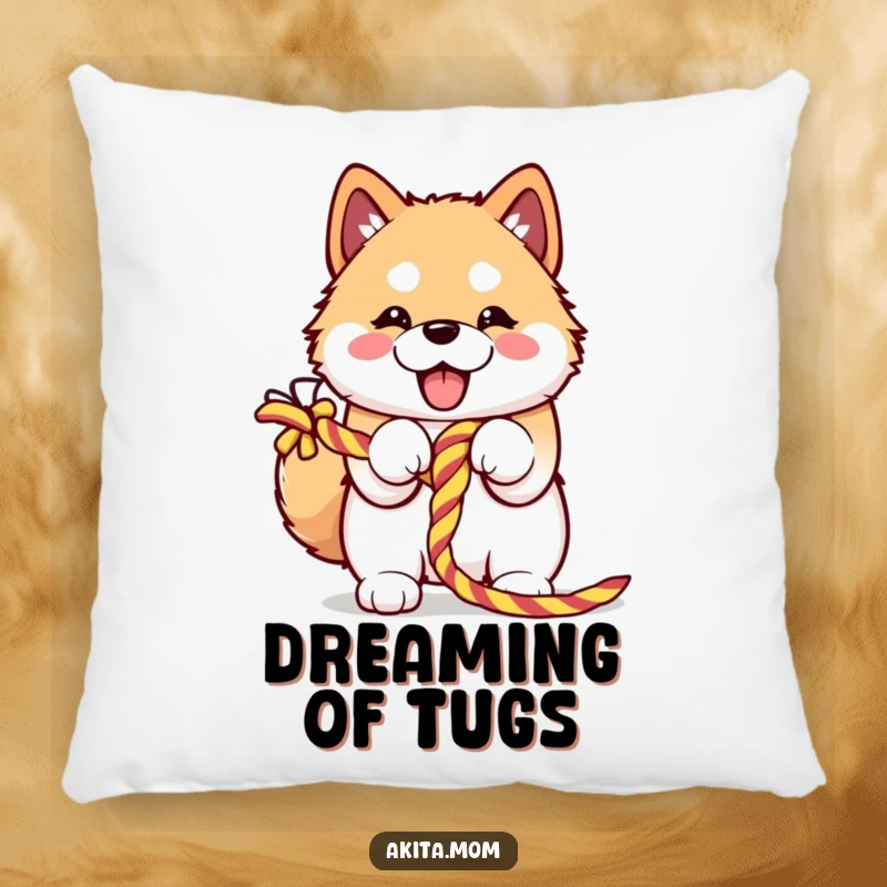 Funny Kawaii Akita pillow enthusiastically embracing a colorful knotted rope, offering soft comfort and a dose of playful, happy energy.