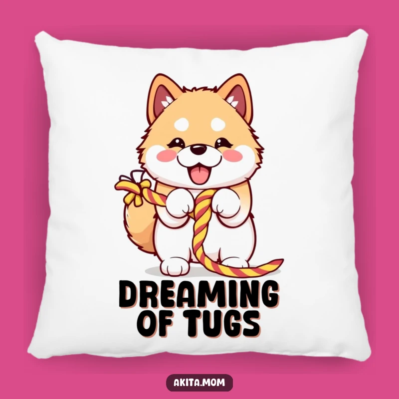 Add a splash of cute and funny to your home with this plush pillow featuring a kawaii Akita hilariously gripping a rope. Perfect for cozy cuddles!