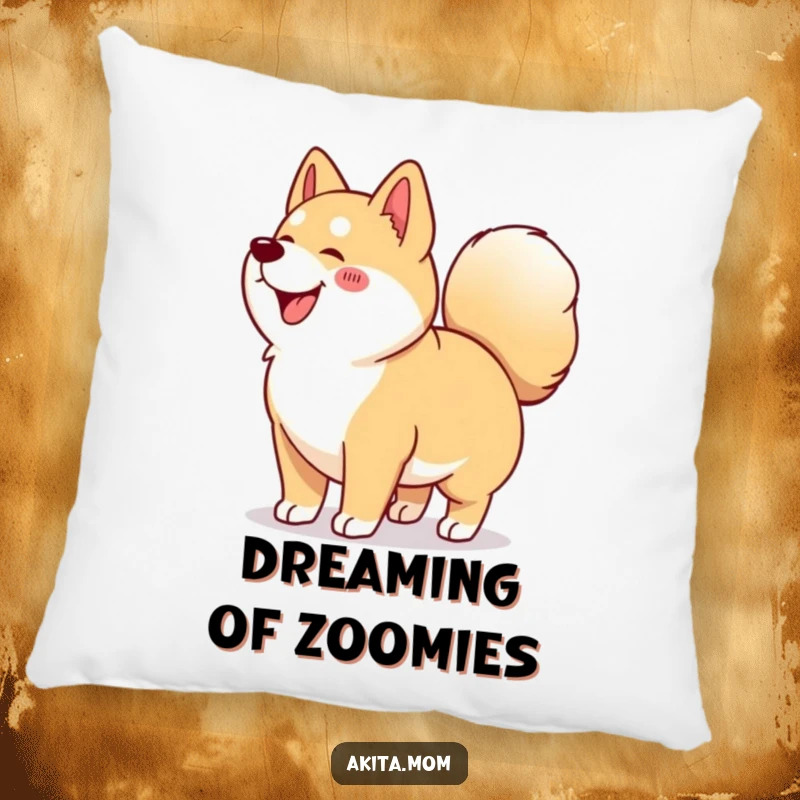 Funny Kawaii Akita pillow featuring a happy dog in the midst of a tail-wagging wiggle, embodying pure Akita bliss.