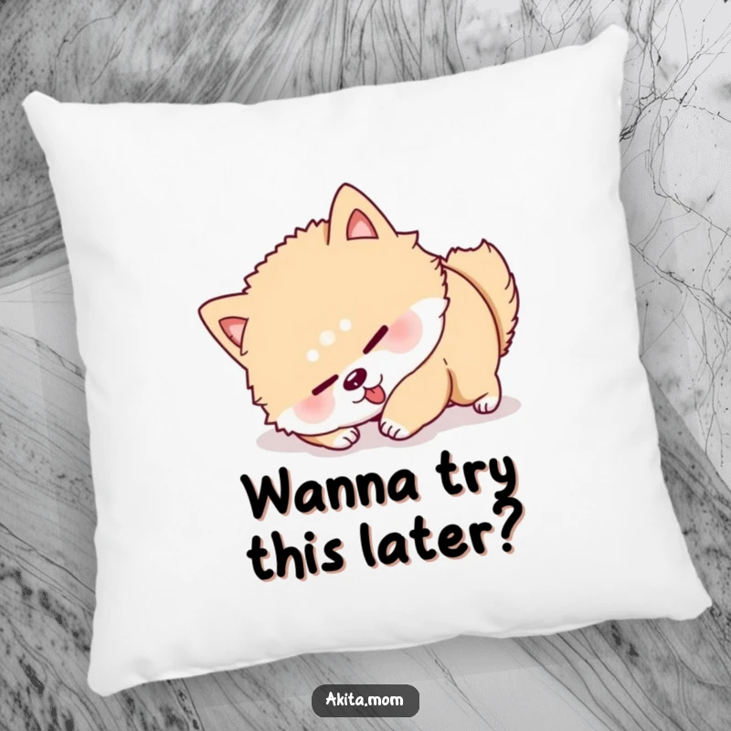 Funny Akita Roll Over Pillow: A determined Akita dog humorously attempts a roll over, perfect for a funny couch accent.