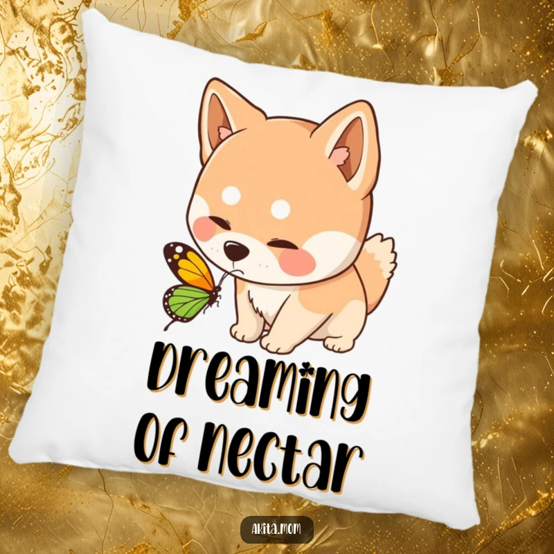 Funny Kawaii Akita dog pillow, depicting a curious interaction with a butterfly, offering soft comfort and a touch of gentle humor.