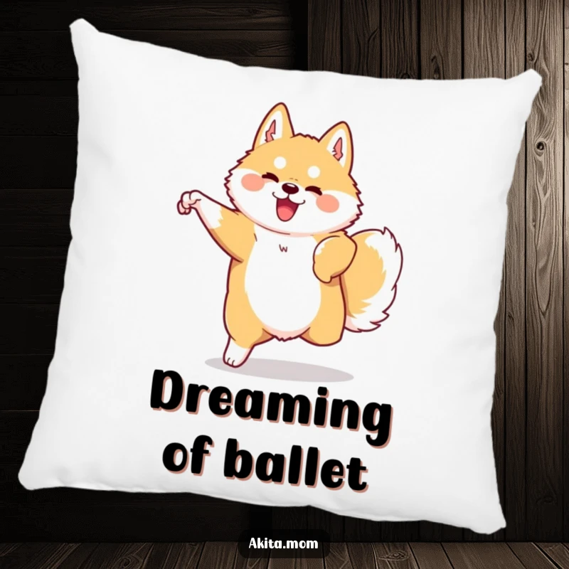 Funny Kawaii Akita pillow depicting a dog in graceful, swift movement. Comfortable and humorous decor.
