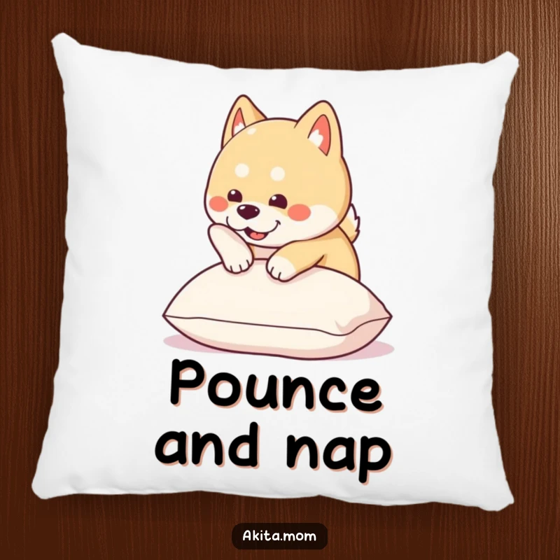Funny Kawaii Akita pillow features a cute dog in mid-pounce onto a soft cushion, bringing playful energy to seating.