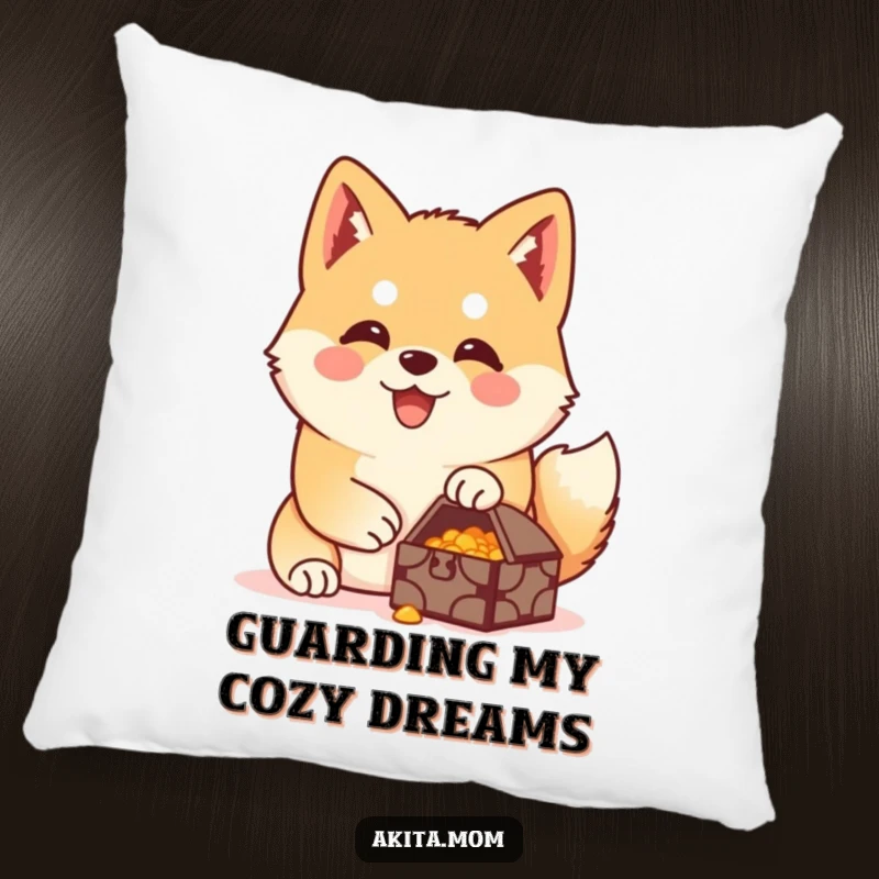 Funny Akita treasure guardian pillow showcasing a happy Akita protectively holding a small, precious treasure, offering comfort and smiles.