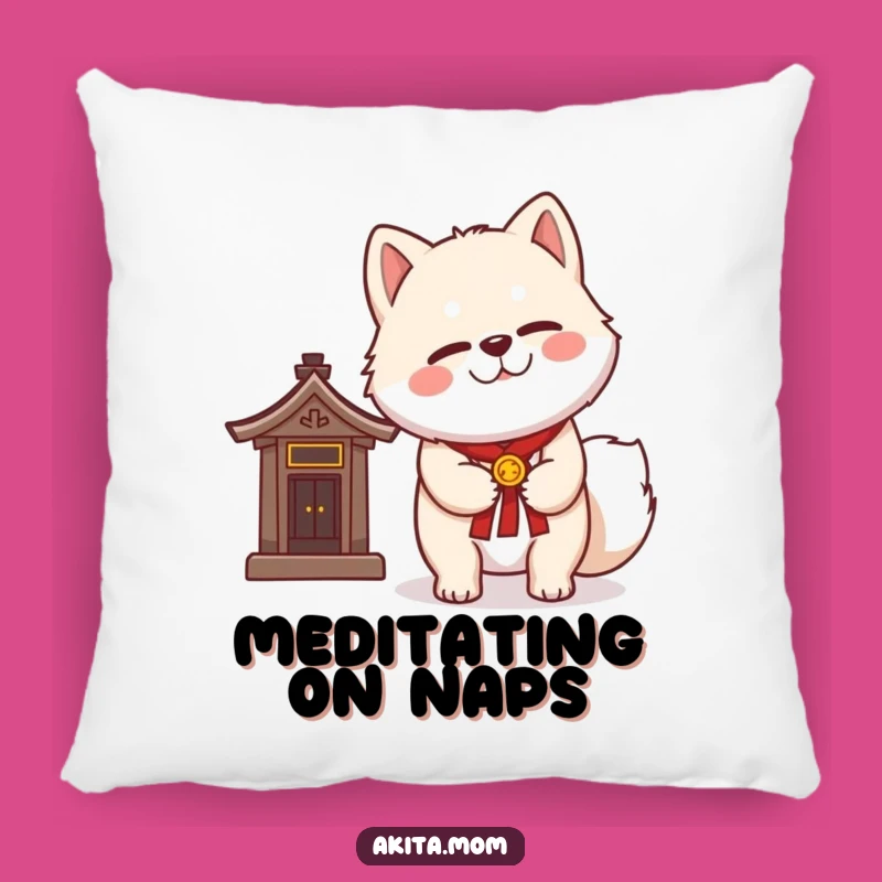 Add a touch of serene charm and playful wisdom to your home with this plush pillow featuring a kawaii Akita winking by a shrine. Perfect for cozy contemplation!