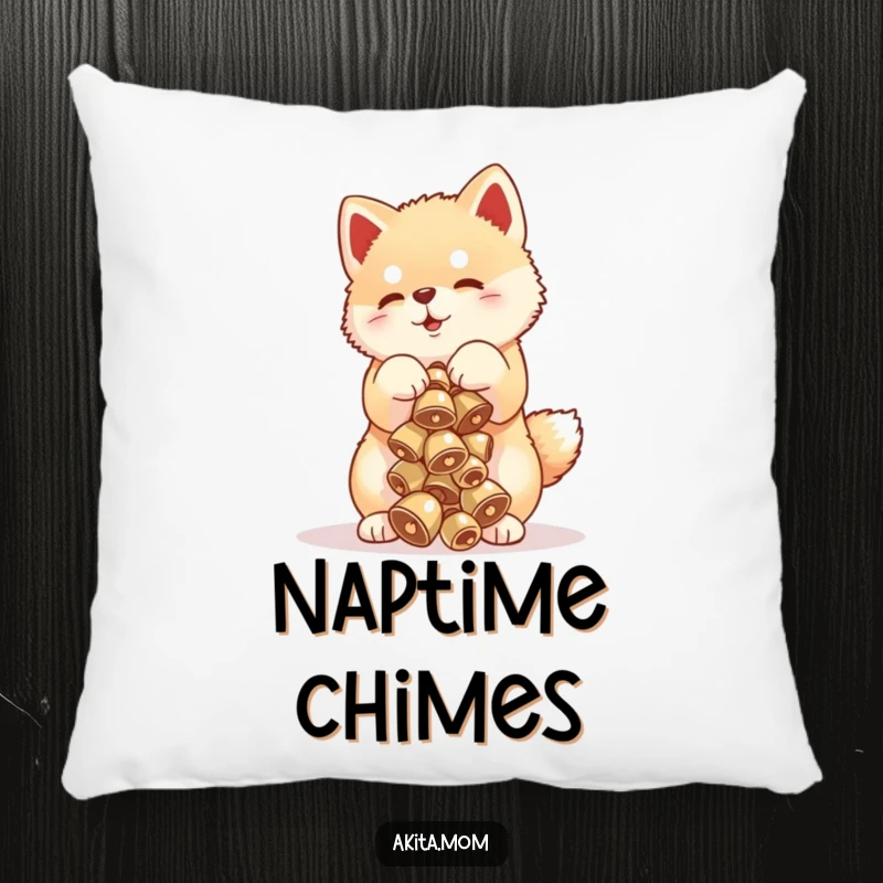Funny Akita cub pillow showing a cute puppy balancing a stack of delicate bells, offering comfort and puppy-themed humor.