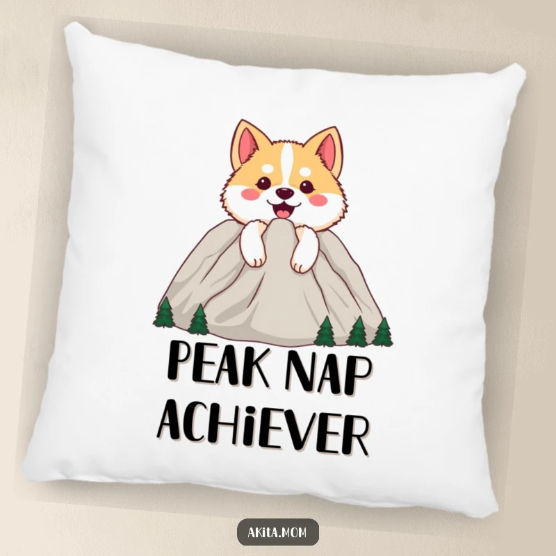 Funny Happy Akita Pillow: Dog peeking from behind a cheerful mountain, offering comfort and a spirit of adventure.