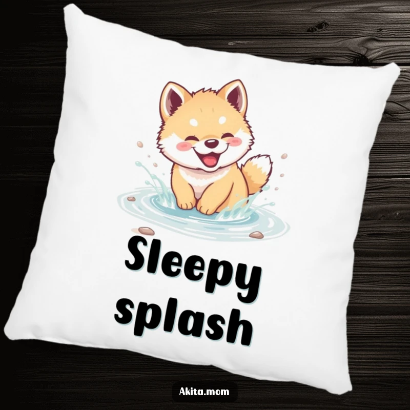 Funny Akita cub pillow showing a cute puppy giggling and splashing in a stream, offering comfort and puppy-themed fun.