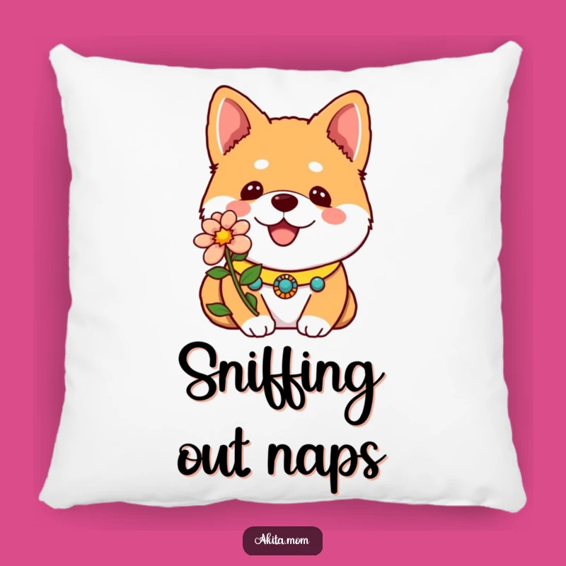 Cuddle up with this funny Kawaii Akita pillow, featuring a sweet dog with a delicate flower. A comfortable and funny gift for any dog enthusiast.