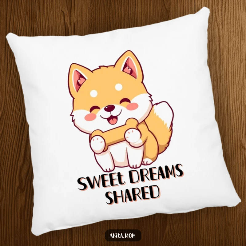 Funny Kawaii Akita pillow showing a dog with a gentle smile offering its favorite toy bone, perfect for adding a touch of sweet kindness.