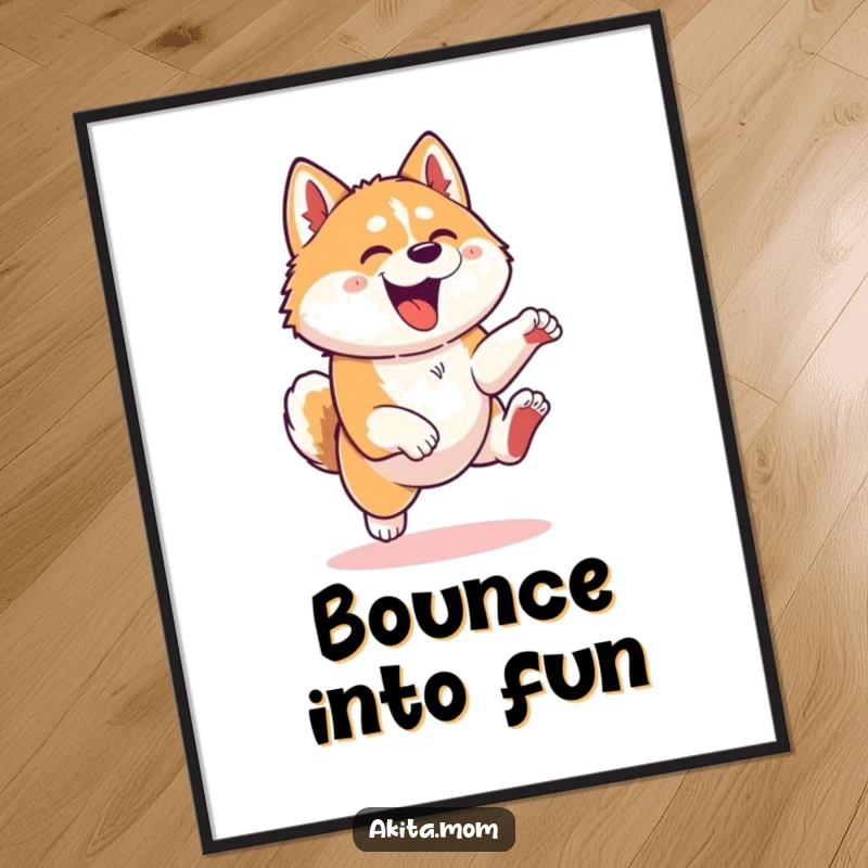 Funny Kawaii Akita dog digital art print, illustrating an energetic leap, perfect for instant download and adding playful humor to decor.
