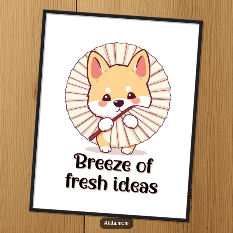 Funny Kawaii Akita dog digital art print, showing a cute peek from behind a fan, perfect for instant download and adding playful humor to decor.