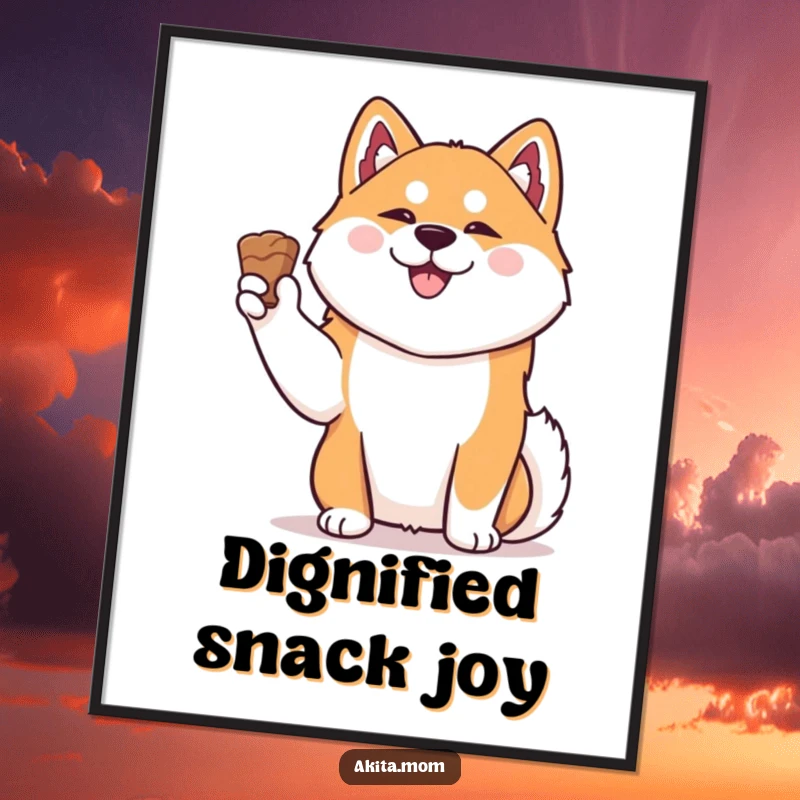 Funny Kawaii Akita digital art print, a happy dog holding a delicious treat, full of dignity and joy.