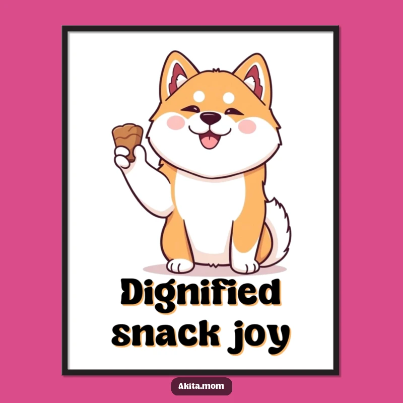 Instantly elevate your space with this funny Akita digital art. This downloadable print features a dignified, happy Akita holding a treat, ready to bring joy.