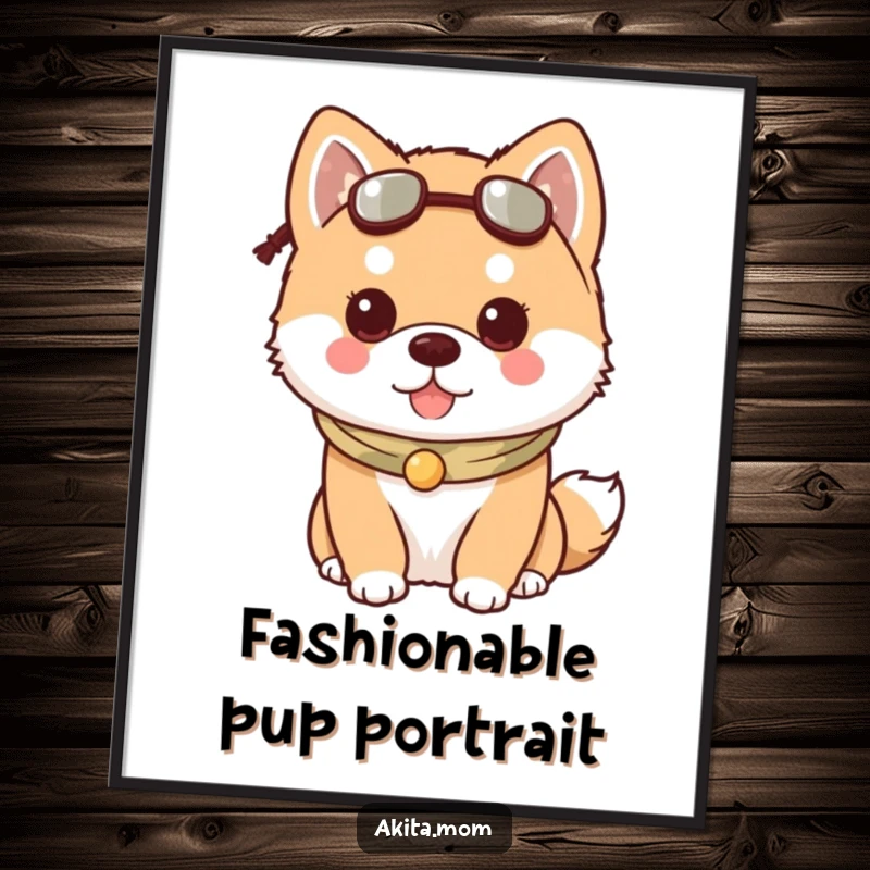 Funny Kawaii Akita dog digital art print, depicting a dog wearing a charming accessory, ready for instant download.