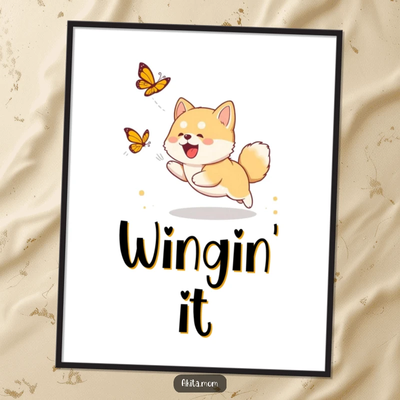 Funny Akita cub digital art print of a cute puppy joyfully chasing a butterfly, offering instant downloadable humor and charm.