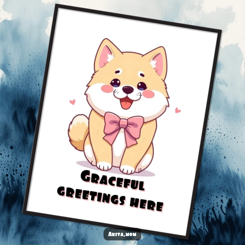 Funny Akita digital art print of a dog offering a playful bow. Humorous and downloadable gift for framing.