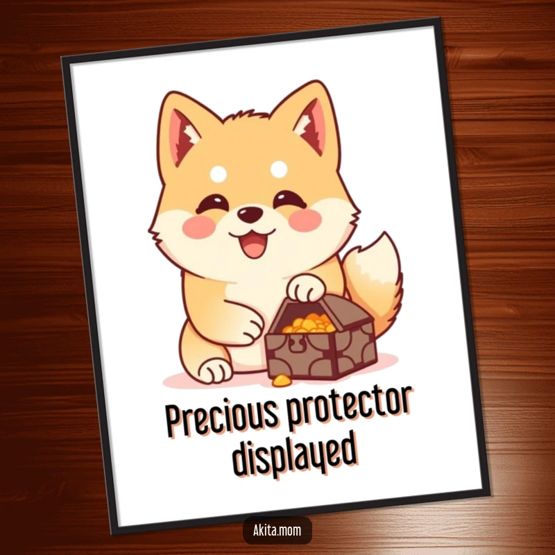 Funny Akita treasure guardian digital art print of a happy Akita protectively guarding a small, precious treasure, embodying devotion.