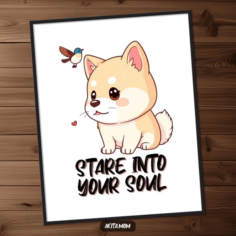Funny Kawaii Akita digital art print, showing a dog with a focused gaze watching a distant bird, perfect for immediate download and observant home decor.
