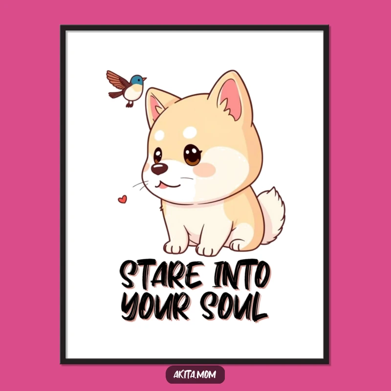 Funny Kawaii Akita Bird Watching Digital Art: Focused Dog Gaze Printable, Perfect Gift