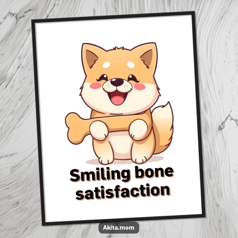 Funny Kawaii Akita dog digital art print, depicting a dog with a beaming smile holding a bone, ready for instant download.