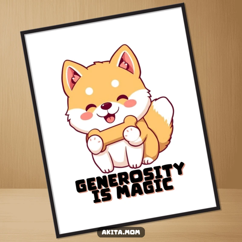 Funny Kawaii Akita digital art print of a gentle-smiling dog offering its favorite toy bone, symbolizing friendship and unconditional kindness.