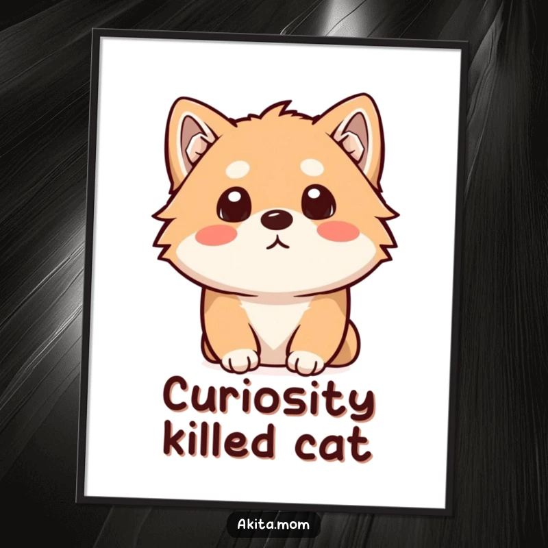 Funny Kawaii Akita digital art print of a dog with a curious head tilt, listening. Humorous printable decor.