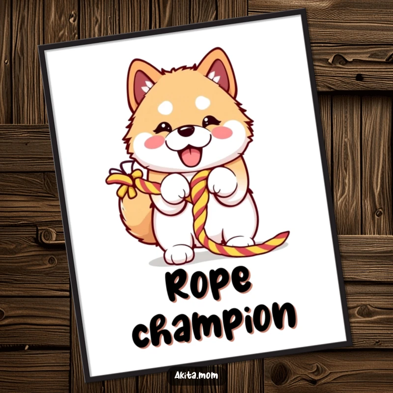 Funny Kawaii Akita digital art print of an Akita enthusiastically embracing a colorful knotted rope, radiating playful energy.