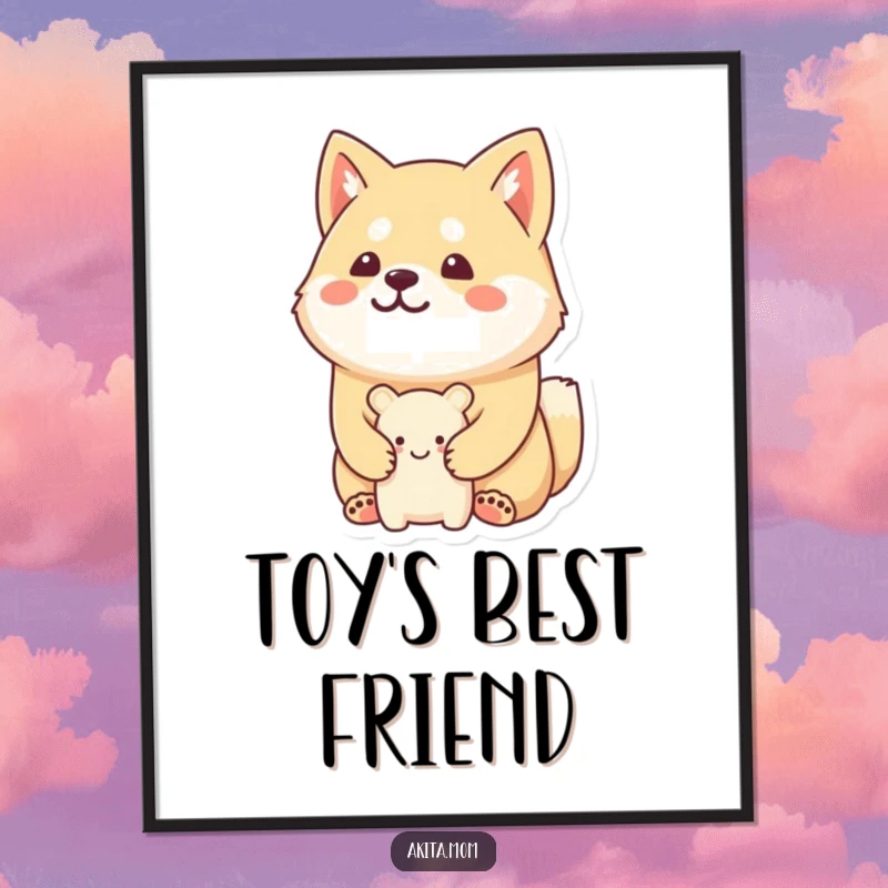 Funny Kawaii Akita digital art print of an Akita with a happy, stoic expression, guarding a tiny, smiling toy.