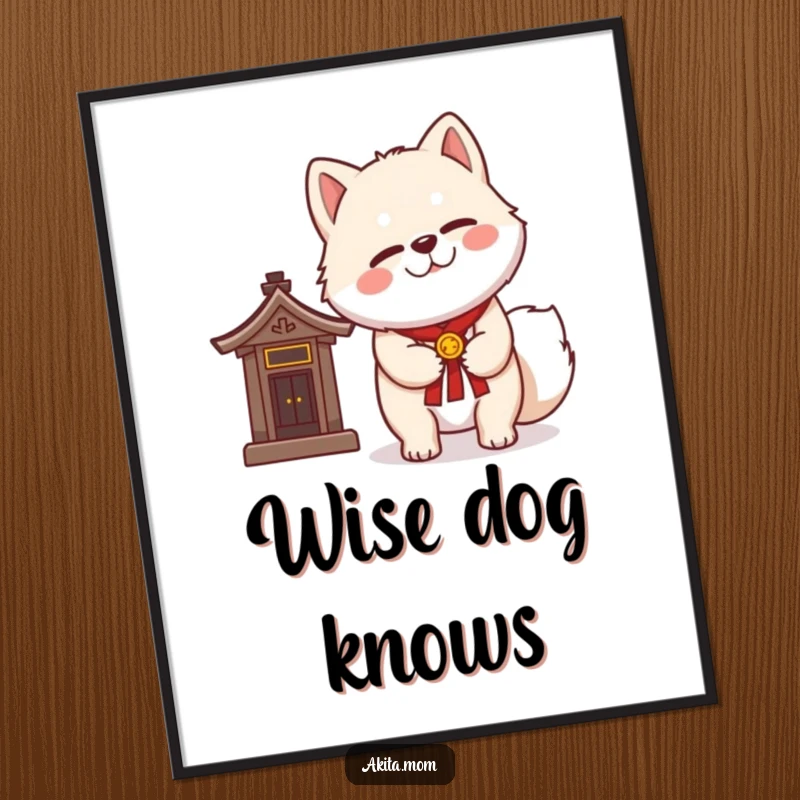 Funny Kawaii Akita digital art print of an Akita with a dignified wink, standing next to a miniature shrine.