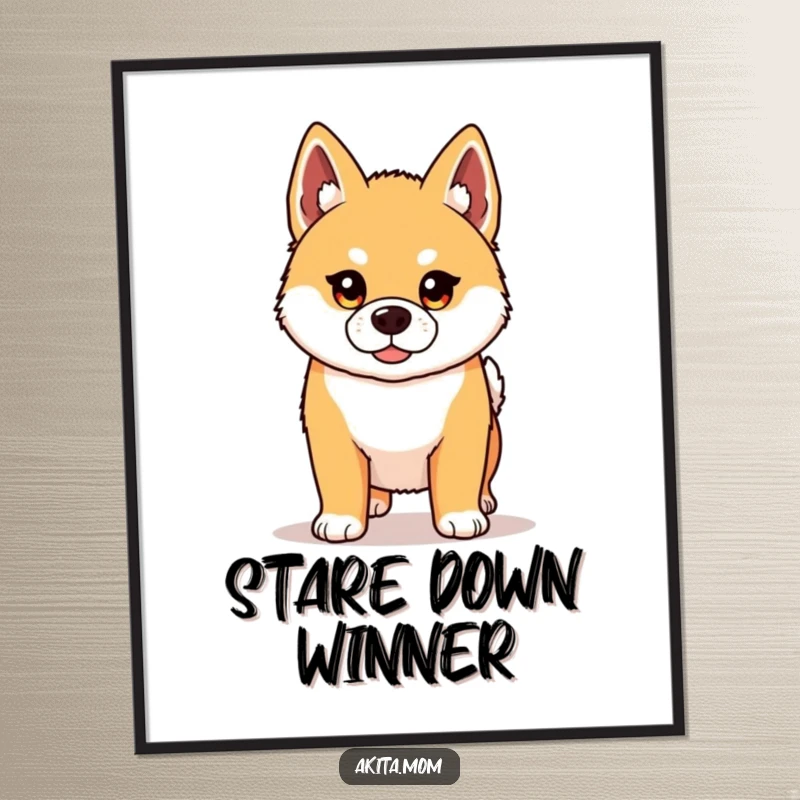 Funny Kawaii Akita digital art print of a proud dog standing resolutely. Humorous printable decor for Akita enthusiasts' walls.