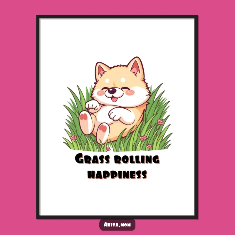 Funny Kawaii Akita Grass Digital Art: Instant Playful Print