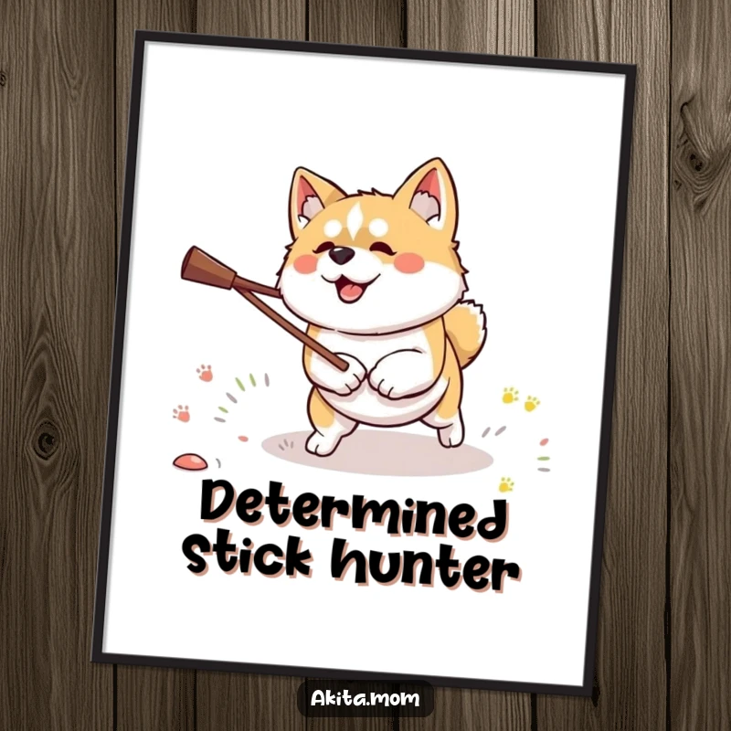 Funny Kawaii Akita dog digital art print, depicting a dog with determination fetching a stick, ready for instant download.