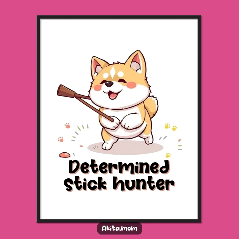 Funny Kawaii Akita Stick Hunter Digital Art: Instant Determined Print