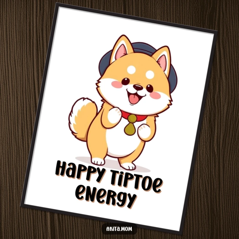 Funny Kawaii Akita Digital Art Print, a cute dog performing a dignified, joyful tiptoe, whimsical and artistic, instant funny gift download.