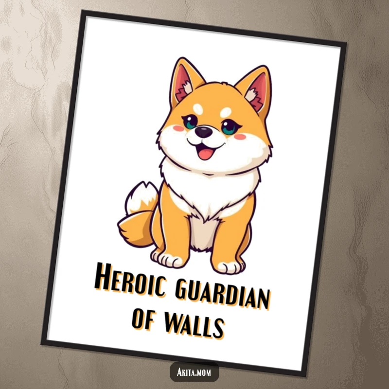 Funny Akita hero digital art print of a proud Akita striking a heroic pose, embodying bravery and a charming sense of humor.