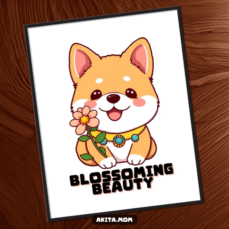 Funny Kawaii Akita Digital Art Print of a dog with a decorative collar and one bright flower, cute and downloadable artwork.