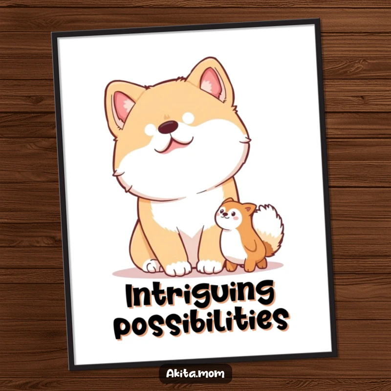 Funny digital art print capturing an Akita dog in a classic curious head tilt, looking intently at a toy.