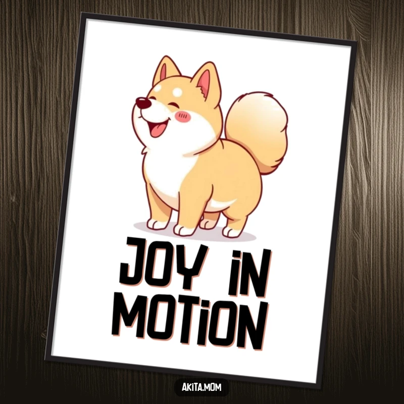 Funny Kawaii Akita digital art print capturing a happy dog mid-wiggle, its curled tail expressing pure Akita delight.