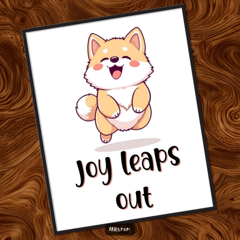 Funny Kawaii Akita digital art print, showing a dog barking and leaping with happiness, perfect for immediate download and home decoration.