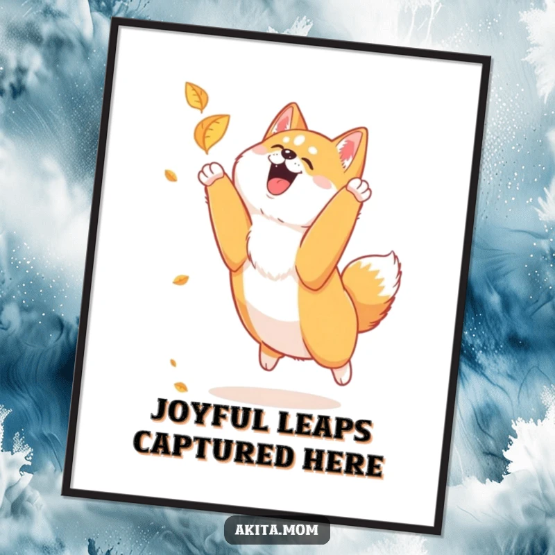 Funny Akita leaf chase digital art print of a loyal Akita joyfully leaping to catch a falling leaf, embodying pure autumnal bliss.