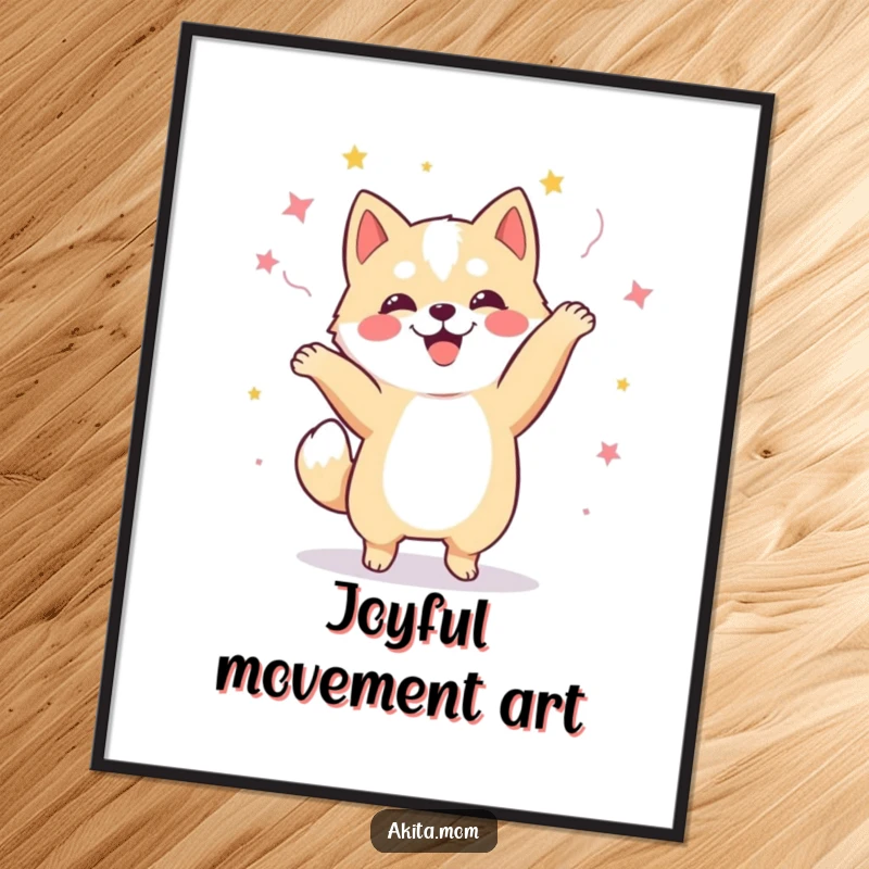 Funny Kawaii Akita dog digital art print, capturing a happy dog in a celebratory dance, ready to brighten any digital space.