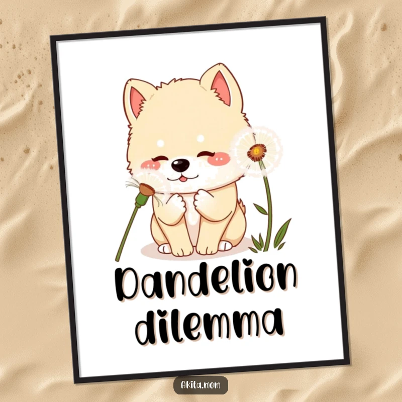 Curious Kawaii Akita Dandelion Digital Art Print: A kawaii Akita dog curiously sniffing a giant dandelion, creating a whimsical and charming scene.