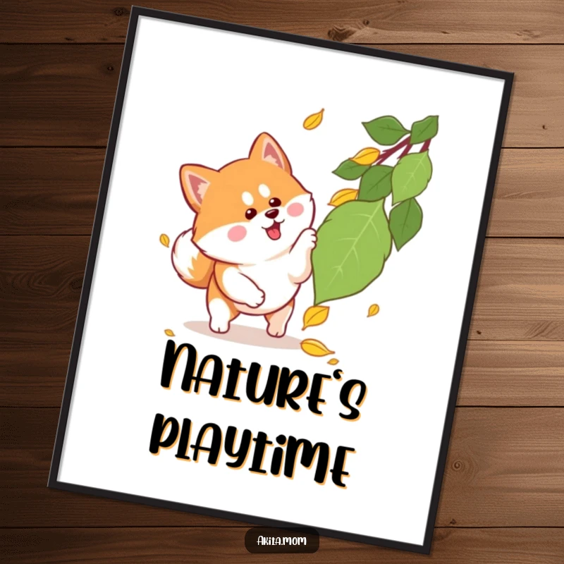 Funny Kawaii Akita digital art print of a dog with alert ears playfully pouncing on a vibrant falling autumn leaf, capturing a moment of outdoor fun.